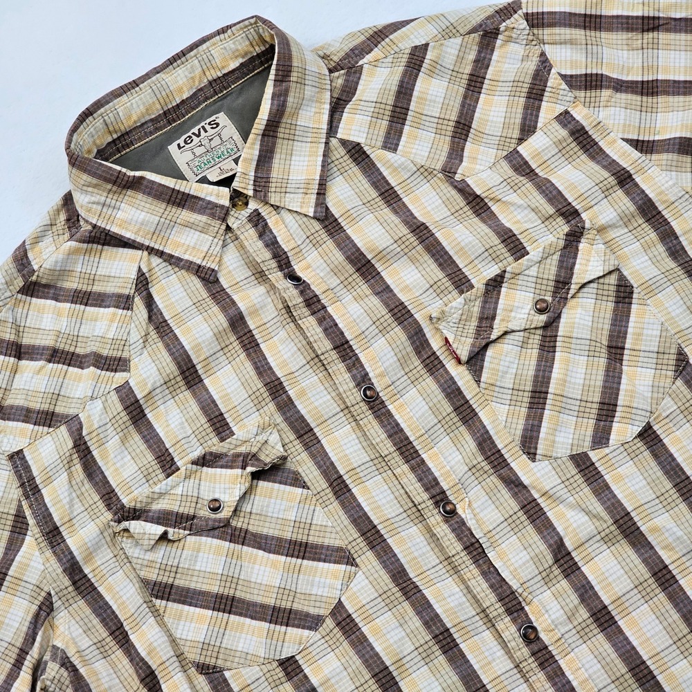 Levi's Western Pearl Snap Shirt Mens Large Brown‎ Tan Plaid Short Sleeve Cowboy